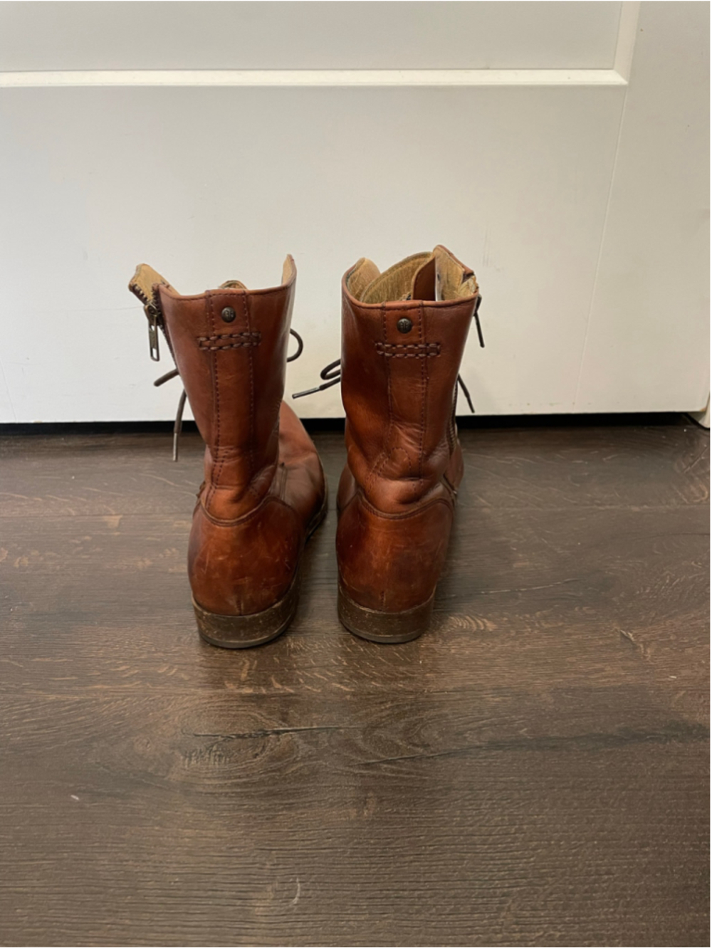 Frye Melissa Short Lace Up Side Zip Combat Engineer ankle boot Brown Leather 10 - Picture 5 of 10